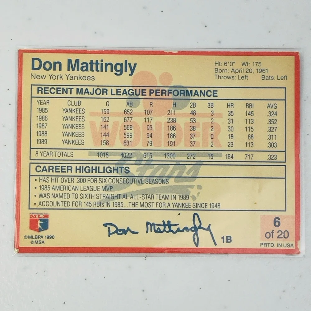 1990 Wonder Bread Stars Don Mattingly 6 Trading Card Collectible